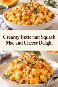 Creamy butternut squash mac and cheese in a white bowl, topped with melted cheese and fresh chopped parsley.