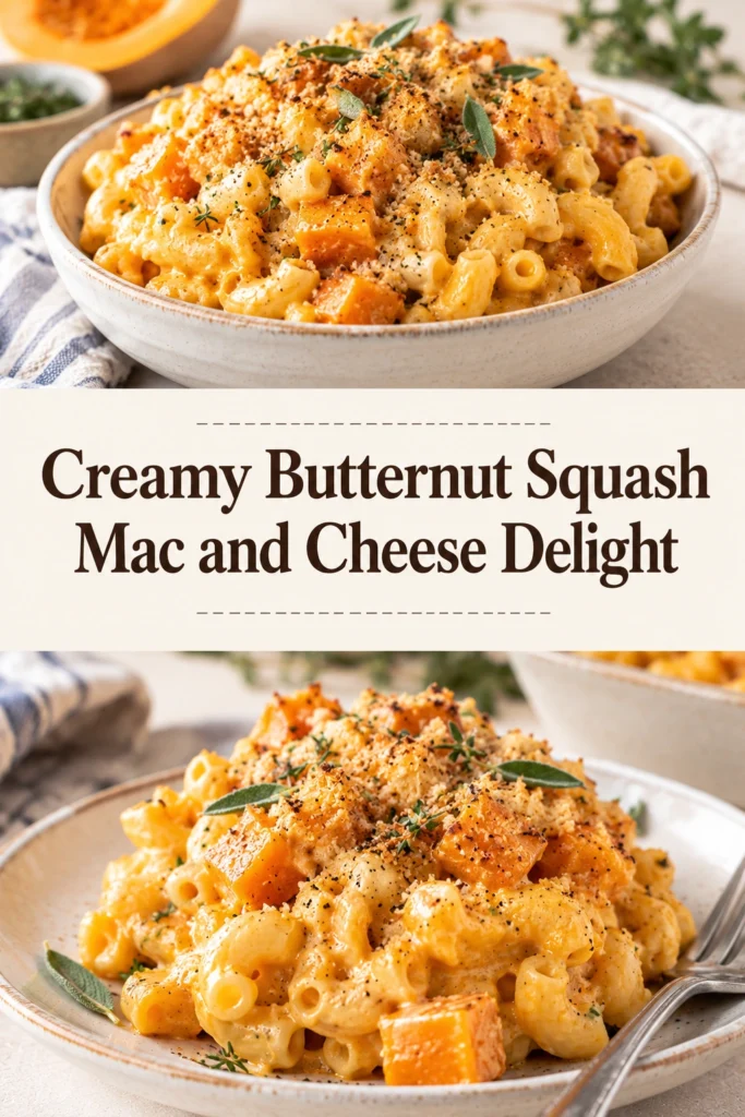 Creamy butternut squash mac and cheese in a white bowl, topped with melted cheese and fresh chopped parsley.