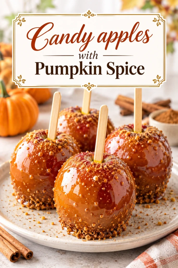 Shiny red candy apples coated in pumpkin spice sprinkles, displayed on a wooden board with cinnamon sticks and autumn leaves.