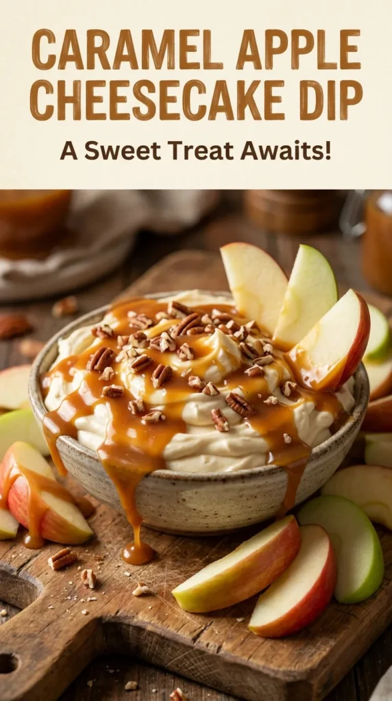 Creamy cheesecake dip drizzled with caramel sauce, served in a bowl with sliced green and red apples for dipping.
