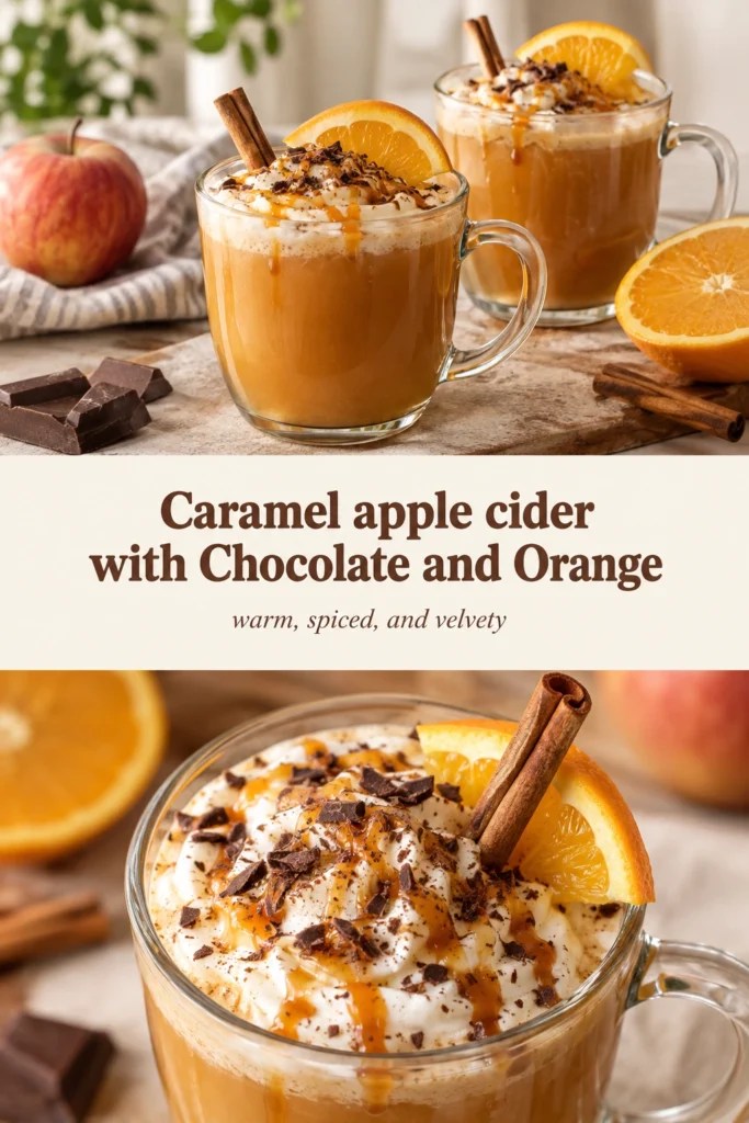 A glass mug of hot caramel apple cider topped with whipped cream, chocolate shavings, and a fresh orange slice.