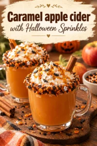 A glass mug of hot apple cider topped with whipped cream, caramel drizzle, and festive orange Halloween sprinkles.