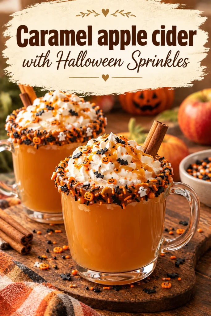 A glass mug of hot apple cider topped with whipped cream, caramel drizzle, and festive orange Halloween sprinkles.