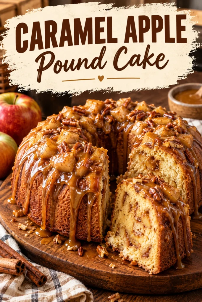 A slice of golden-brown pound cake topped with sliced apples and a drizzle of salted caramel sauce on a plate.