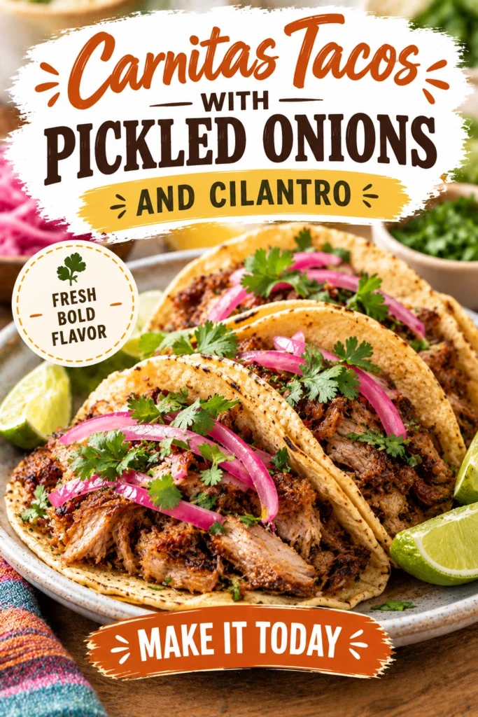 Three corn tortillas filled with slow-roasted pork carnitas, topped with bright pink pickled onions and fresh chopped cilantro.