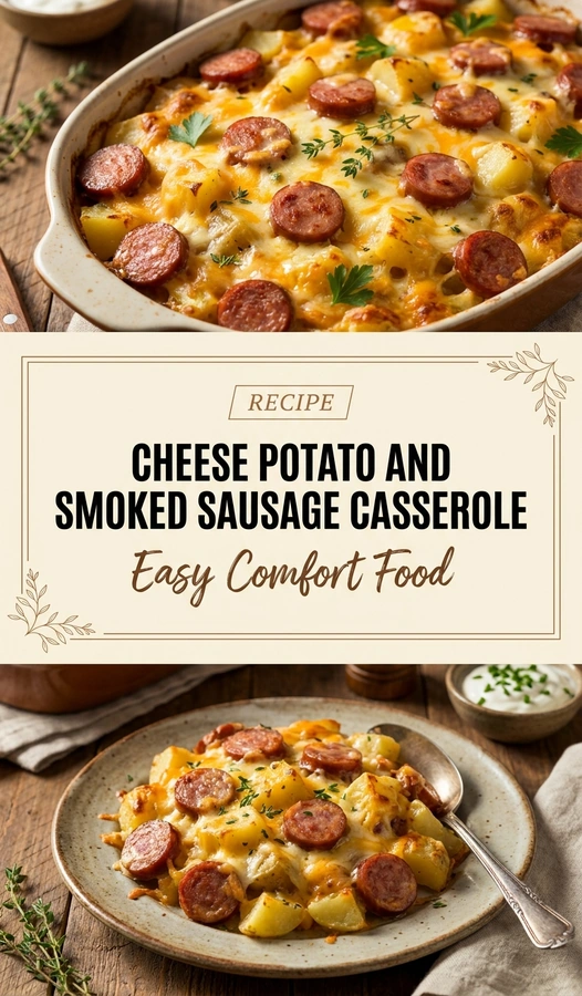 A baked casserole of sliced potatoes and smoked sausage topped with melted bubbly cheese in a ceramic baking dish.