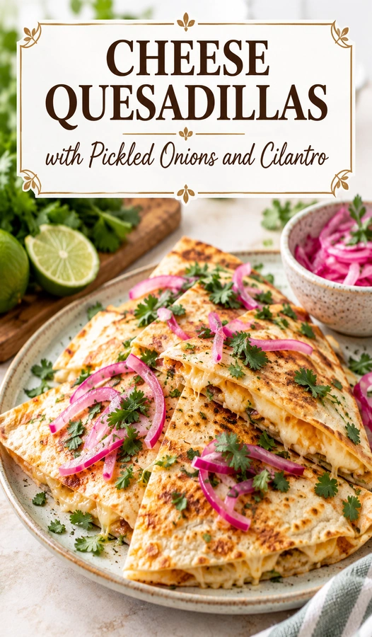 Golden brown cheese quesadillas sliced into triangles, topped with bright pink pickled onions and fresh green cilantro leaves.