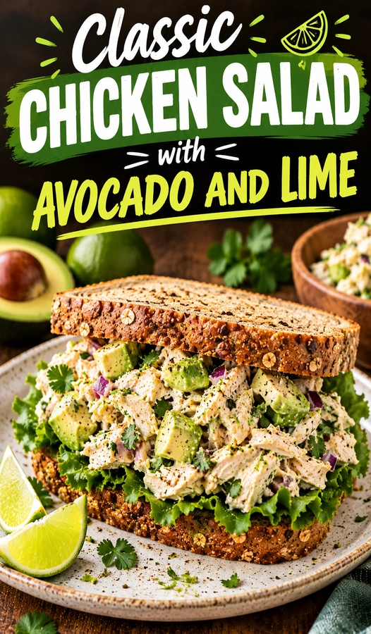 Creamy chicken salad with diced avocado, lime juice, and fresh herbs served in a bowl with a lime wedge.