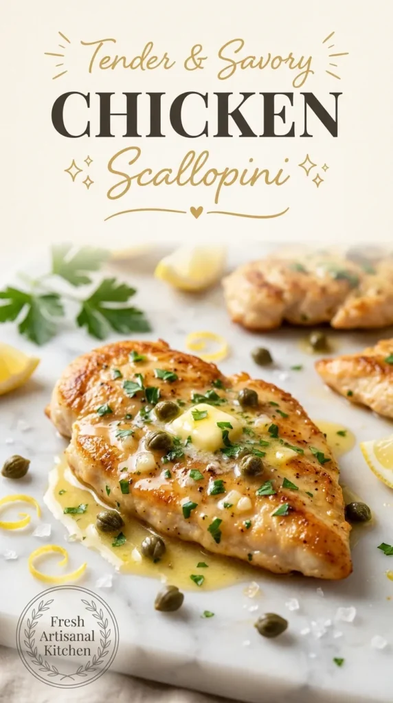 Thinly sliced chicken scallopini in a glossy lemon butter sauce, garnished with fresh parsley and lemon slices on a plate.