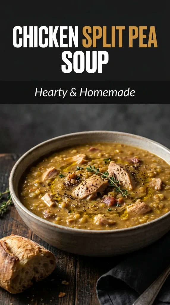 A bowl of thick chicken split pea soup with diced carrots, potatoes, and celery, garnished with fresh parsley.