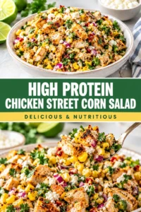 Grilled chicken and corn salad with cotija cheese, cilantro, and lime in a white bowl on a wooden surface.