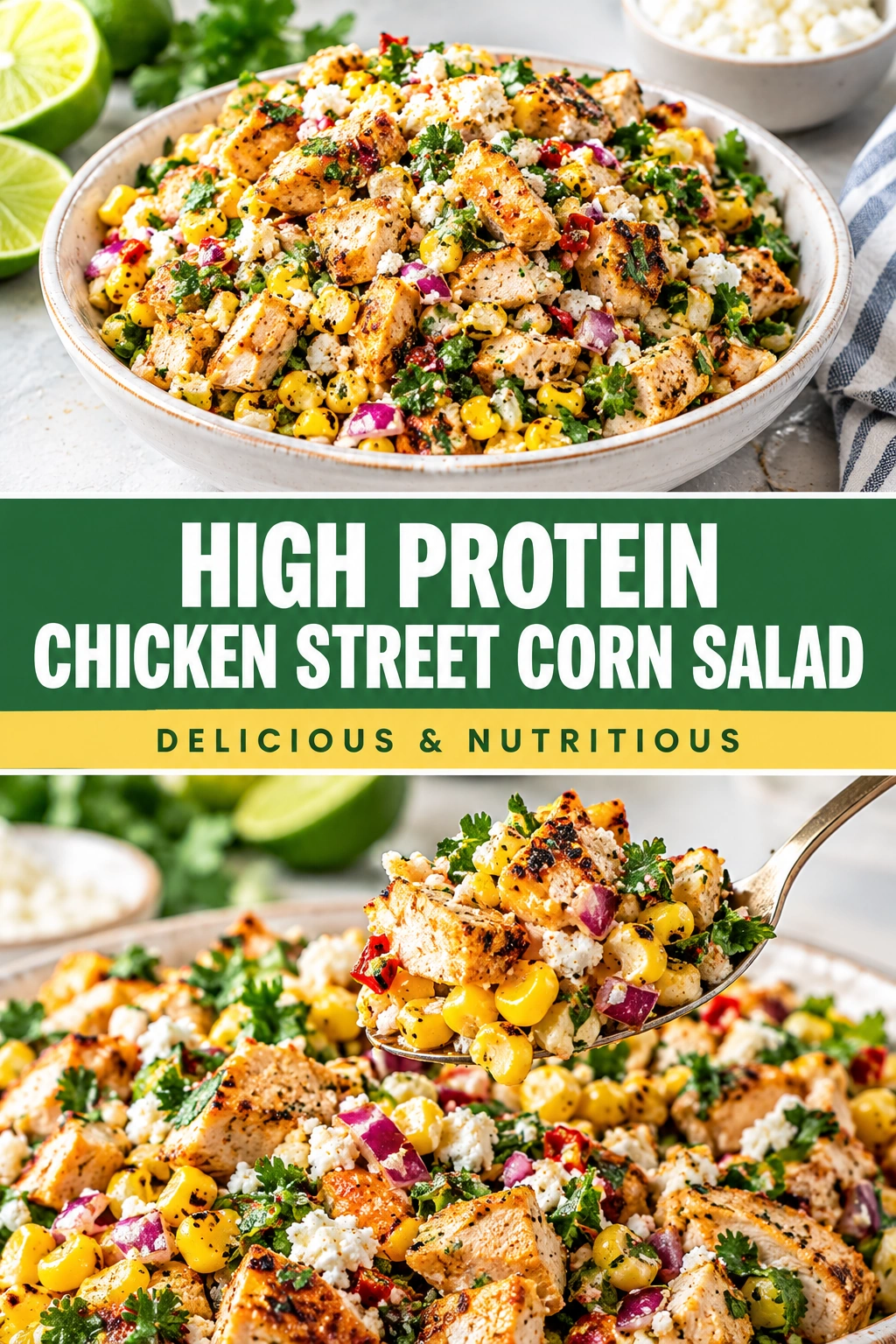 Grilled chicken and corn salad with cotija cheese, cilantro, and lime in a white bowl on a wooden surface.