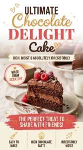 A slice of moist, multi-layered chocolate cake topped with rich chocolate frosting on a white plate with a fork.