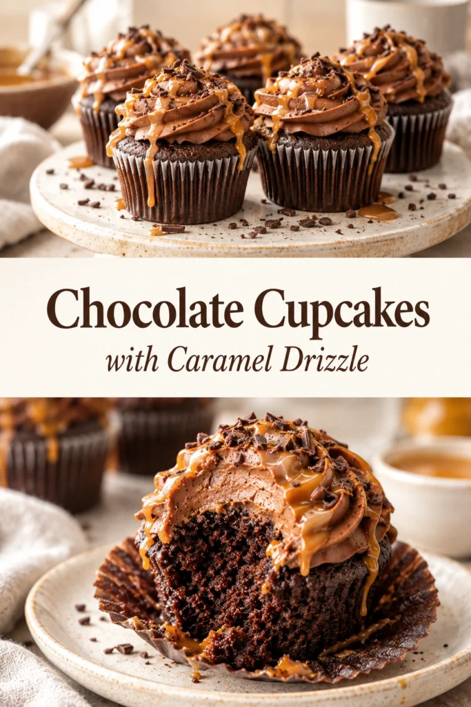 Three chocolate cupcakes topped with swirls of dark chocolate frosting and a drizzle of golden caramel sauce.
