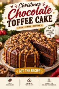 A slice of moist chocolate cake layered with creamy toffee frosting, topped with chocolate curls and a festive garnish.