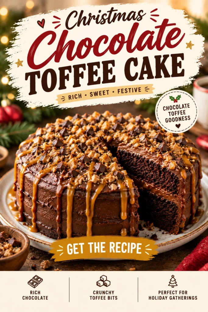 A slice of moist chocolate cake layered with creamy toffee frosting, topped with chocolate curls and a festive garnish.