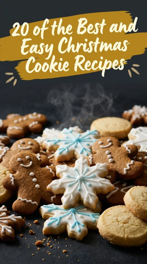 An assortment of festive Christmas cookies, including gingerbread men, sugar cookies with icing, and chocolate chip, on a platter.