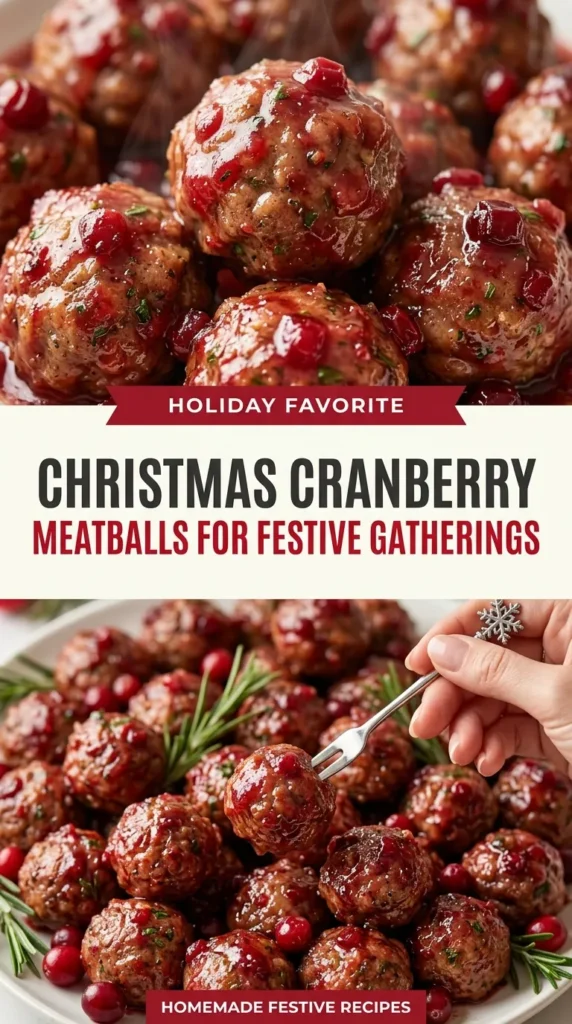 Glazed cranberry meatballs in a white serving bowl, garnished with fresh parsley and whole cranberries for a festive look.