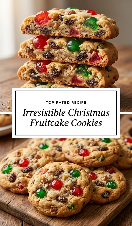 Round Christmas fruitcake cookies topped with a white glaze and festive sprinkles, arranged on a rustic wooden surface.