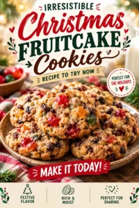 Round Christmas fruitcake cookies topped with white icing and colorful sprinkles, arranged on a cooling rack with festive decorations.
