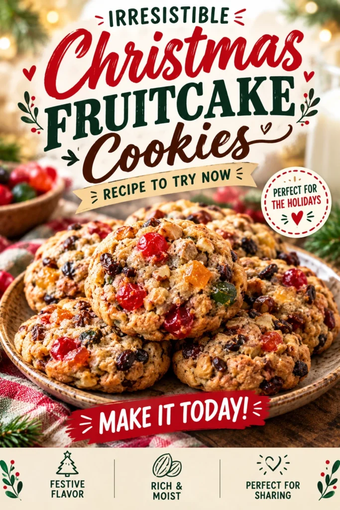 Round Christmas fruitcake cookies topped with white icing and colorful sprinkles, arranged on a cooling rack with festive decorations.