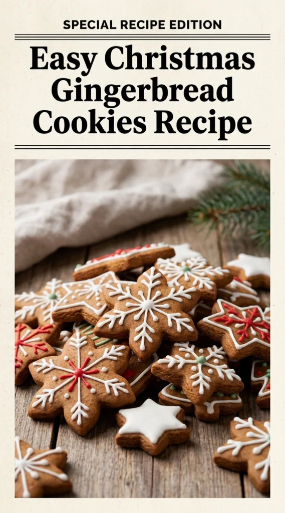 A platter of gingerbread man cookies decorated with white royal icing, set against a festive Christmas background with cinnamon sticks.