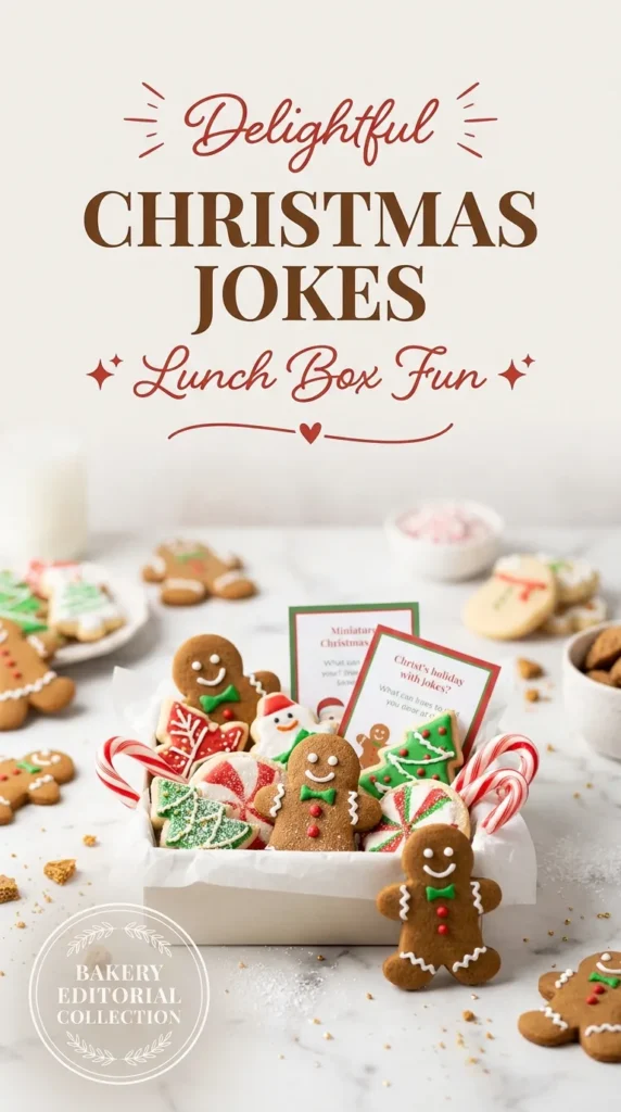 A festive lunch box containing a sandwich, fruit, and snacks, paired with a small card featuring a Christmas joke.
