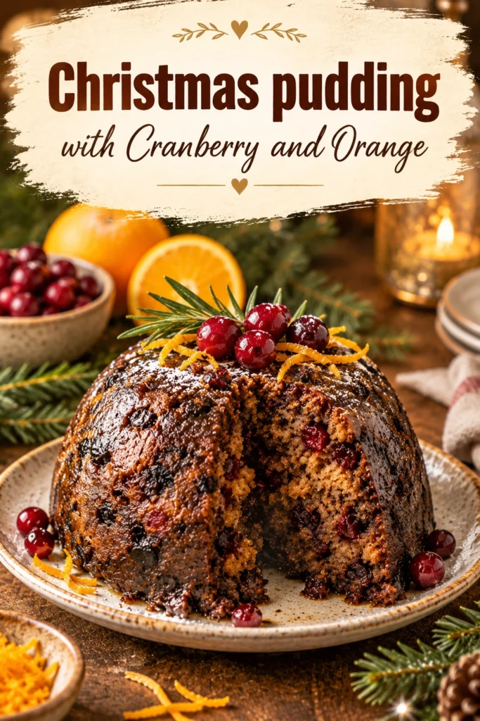 A steamed Christmas pudding topped with a dollop of cream, fresh cranberries, and thin orange slices on a plate.