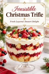 A glass trifle bowl filled with layers of sponge cake, custard, fresh berries, and whipped cream topped with mint.