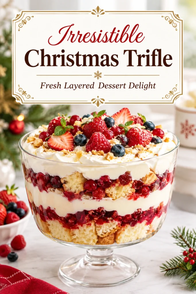 A glass trifle bowl filled with layers of sponge cake, custard, fresh berries, and whipped cream topped with mint.