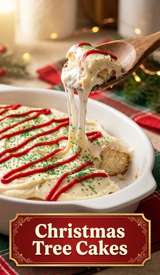 A tiered green frosted cake shaped like a Christmas tree, decorated with colorful sprinkles and a gold star topper.