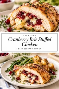 Sliced golden-brown roasted chicken breasts stuffed with melted brie cheese and tart red cranberry sauce on a white plate.