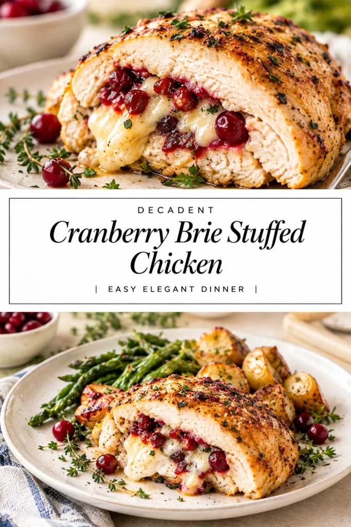 Sliced golden-brown roasted chicken breasts stuffed with melted brie cheese and tart red cranberry sauce on a white plate.