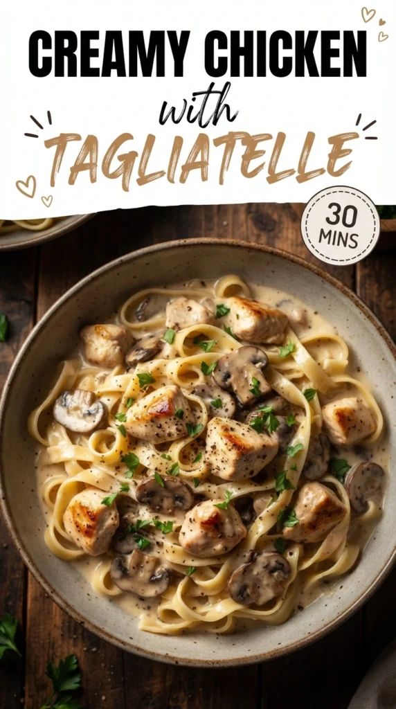 Tagliatelle pasta tossed in a creamy white sauce with sliced mushrooms and golden brown chicken pieces, topped with parsley.