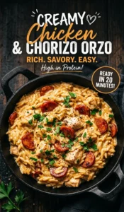 Creamy chicken and chorizo orzo in a skillet, garnished with fresh parsley and cracked black pepper.