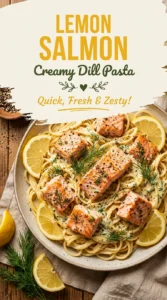 Flaky cooked salmon pieces and pasta tossed in a creamy lemon sauce, garnished with fresh dill and lemon slices.