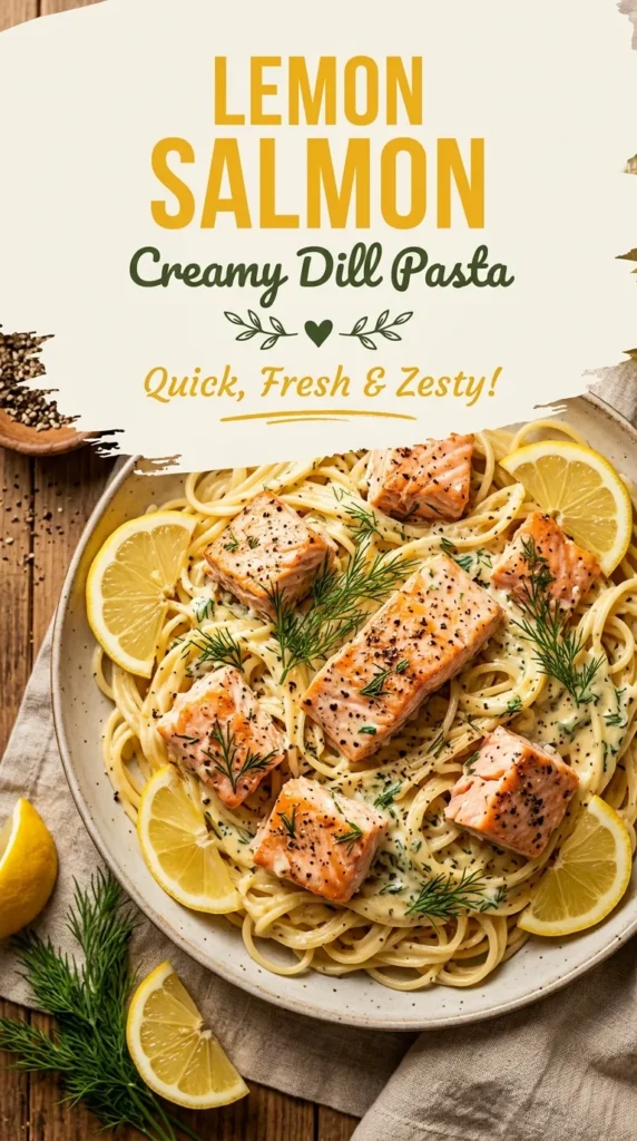 Flaky cooked salmon pieces and pasta tossed in a creamy lemon sauce, garnished with fresh dill and lemon slices.