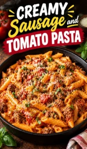Bowl of pasta with sliced sausages and a creamy tomato sauce, garnished with fresh parsley and grated parmesan cheese.