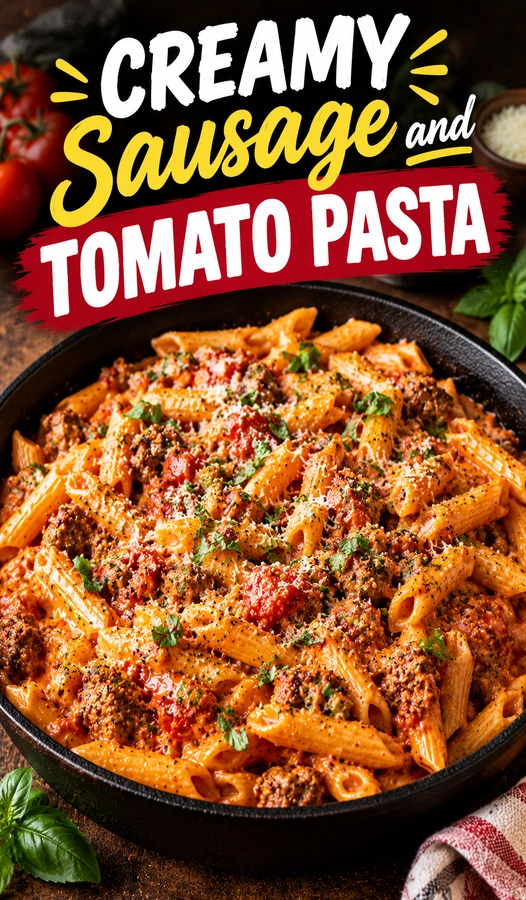 Bowl of pasta with sliced sausages and a creamy tomato sauce, garnished with fresh parsley and grated parmesan cheese.