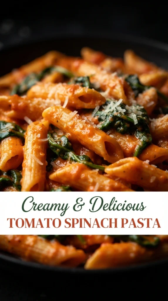 Penne pasta in a creamy tomato sauce with fresh spinach leaves, served in a white bowl with grated parmesan.
