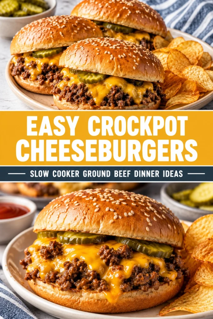Slow cooker cheeseburger meat topped with melted cheddar cheese in a pot, served with toasted buns and fresh parsley.