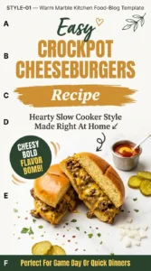 Slow cooker cheeseburger meat topped with melted cheddar cheese in a ceramic pot, served with toasted slider buns.
