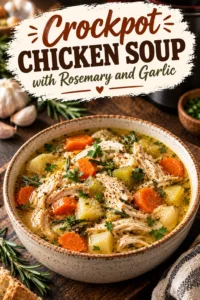 A bowl of slow cooker chicken soup with chunks of chicken, carrots, and celery, garnished with a fresh rosemary sprig.