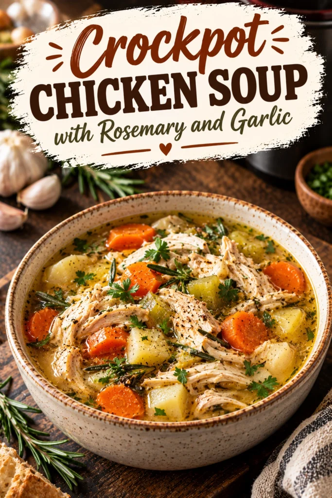 A bowl of slow cooker chicken soup with chunks of chicken, carrots, and celery, garnished with a fresh rosemary sprig.