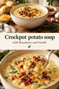 Creamy potato soup in a white bowl garnished with fresh rosemary sprigs, cracked black pepper, and a swirl of cream.