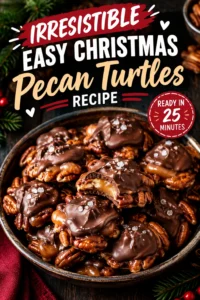 Three pecan turtles featuring toasted pecan halves topped with melted milk chocolate and a swirl of creamy caramel.