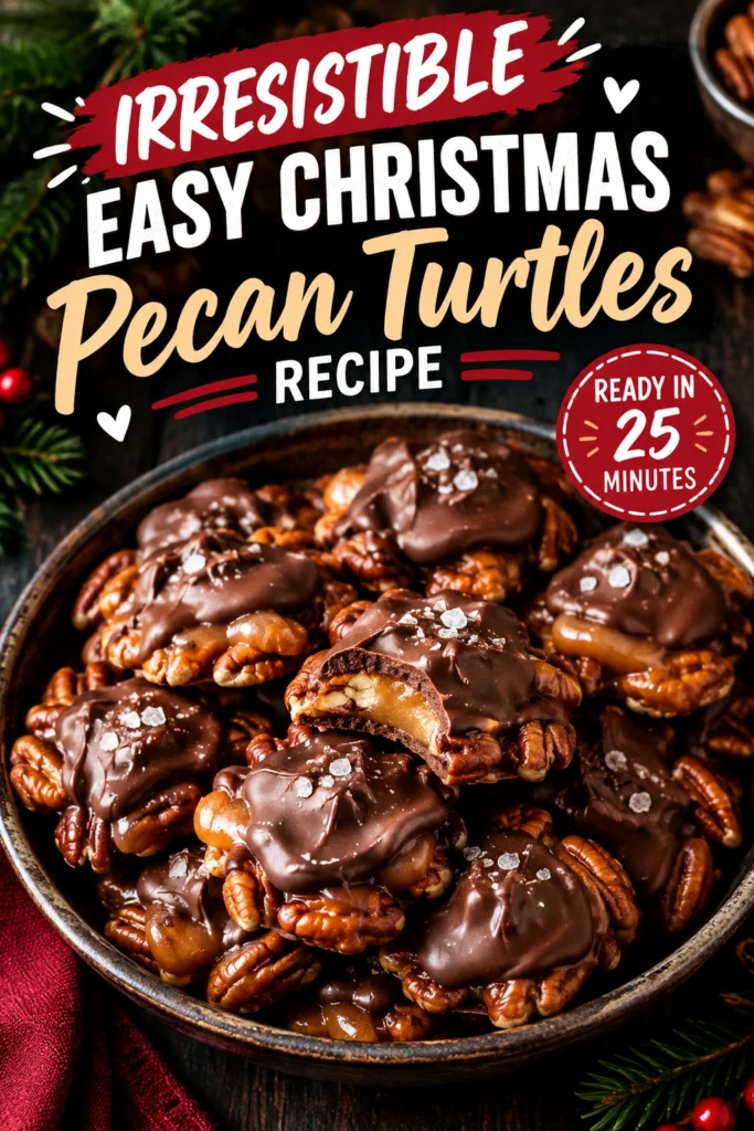 Three pecan turtles featuring toasted pecan halves topped with melted milk chocolate and a swirl of creamy caramel.
