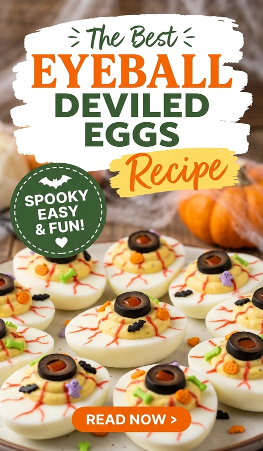 Deviled eggs topped with olive slices to look like eyeballs and colorful Halloween sprinkles on a white platter.