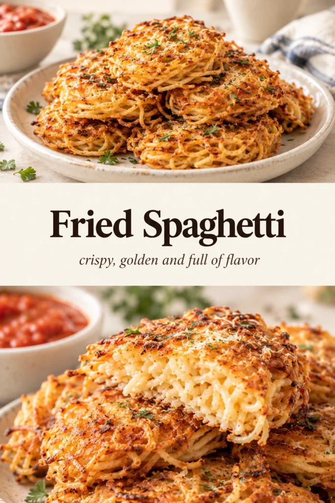 Golden-brown crispy fried spaghetti noodles tossed in garlic butter, served on a white plate and garnished with fresh parsley.