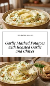Creamy garlic mashed potatoes in a white bowl, topped with roasted garlic cloves and chopped fresh chives.